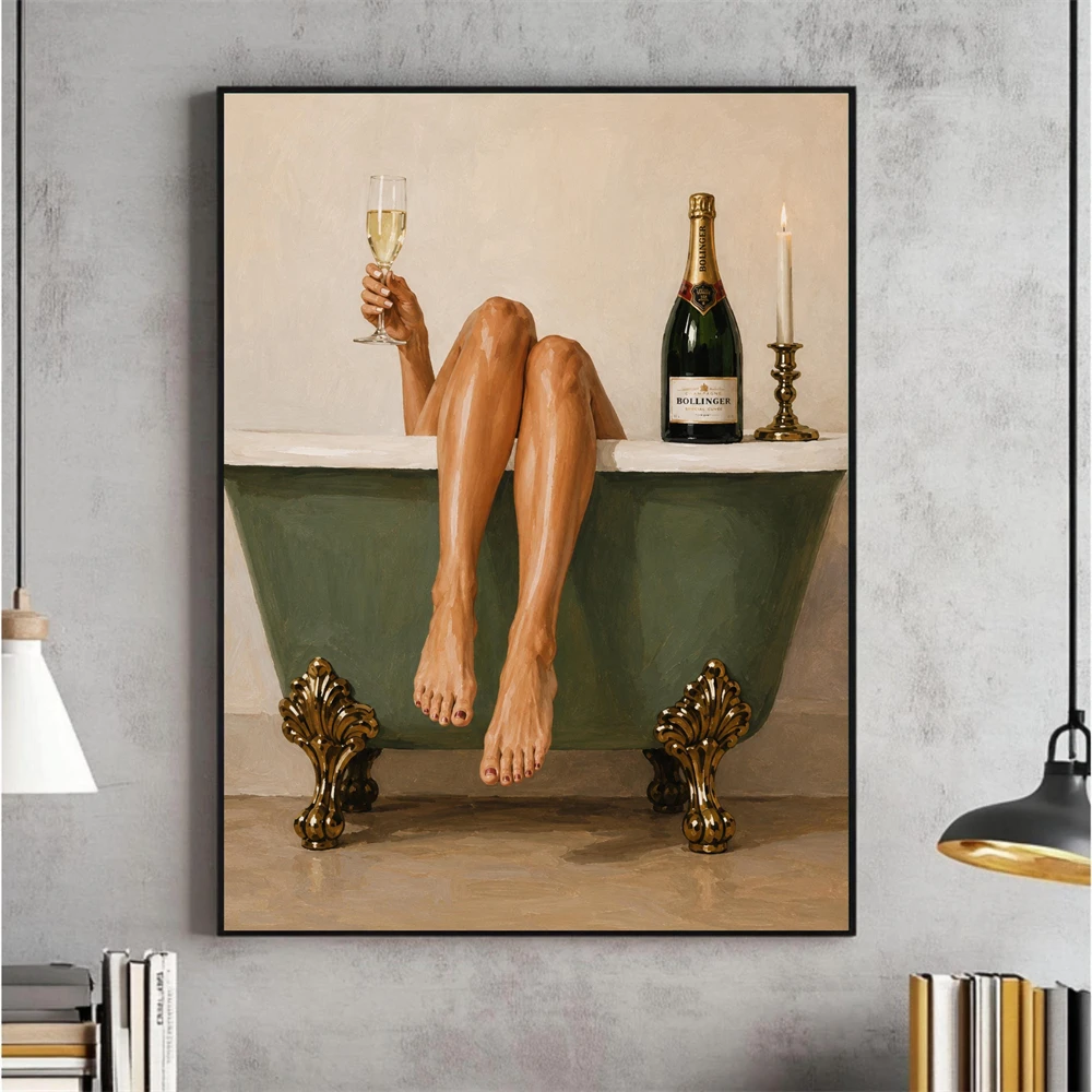 Vintage Cat Bathroom Wall Art Poster Elegant Woman in Green Bathtub Print Black Cat Martini Decor Cozy Parisian Bath Decor
