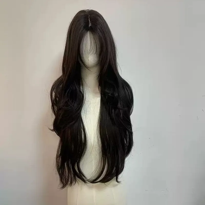 Natural Black Long Wavy Curly Wig High Layered Cut Middle Part Full Wig Synthetic Hair Women Daily Wear with Wig Cap