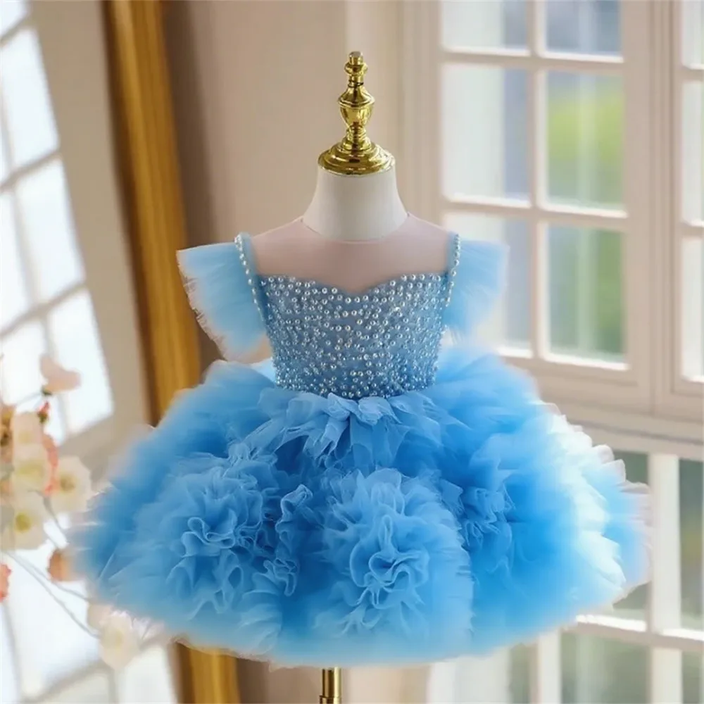 Роскошное свадебное платье принцессы с цветочным узором для девочек, плиссированное пышное платье с жемчугом для маленьких детей, праздничное платье на день рождения, пышное платье, банкетное платье