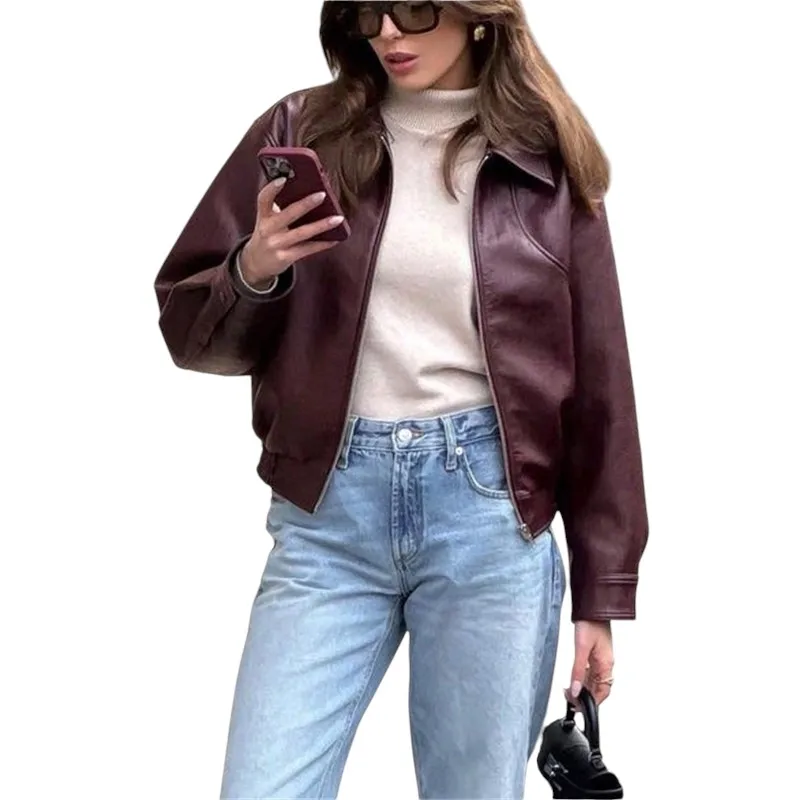 

Women's Vintage Motorcycle Leather Jacket Short Solid Color Simple Design Classic Biker Jacket for Ladies