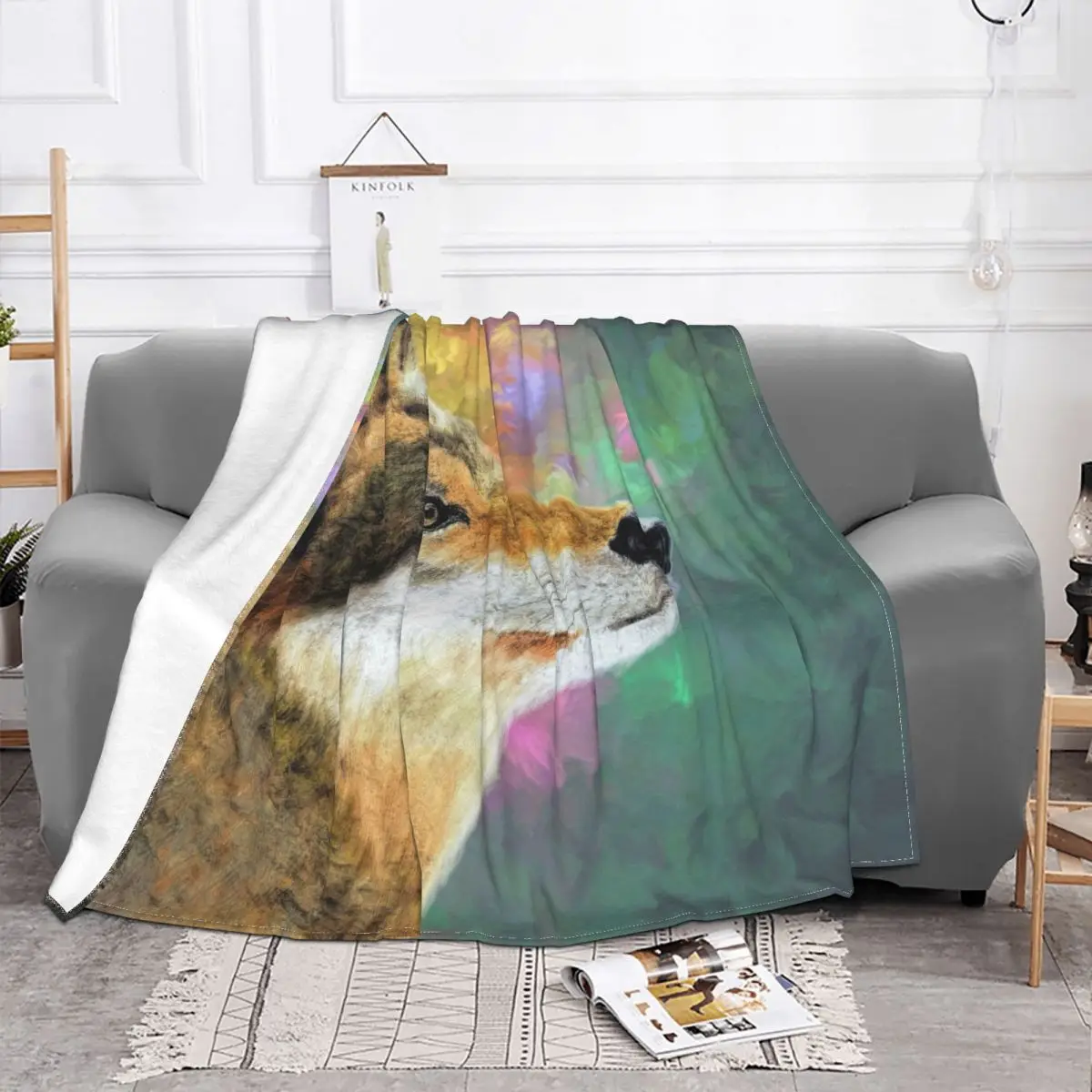 Animal Arts Blanket Flannel Decoration Abstract Wolf Painting Portable Home Bedspread