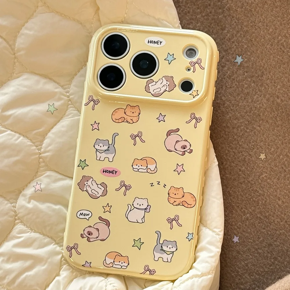 

Чехол с милым мультяшным котом для iPhone 17 Pro Max 16 15 14 13 Pro Max, INS Kawaii Kitten Bow Star, мягкий защитный чехол «все включено»