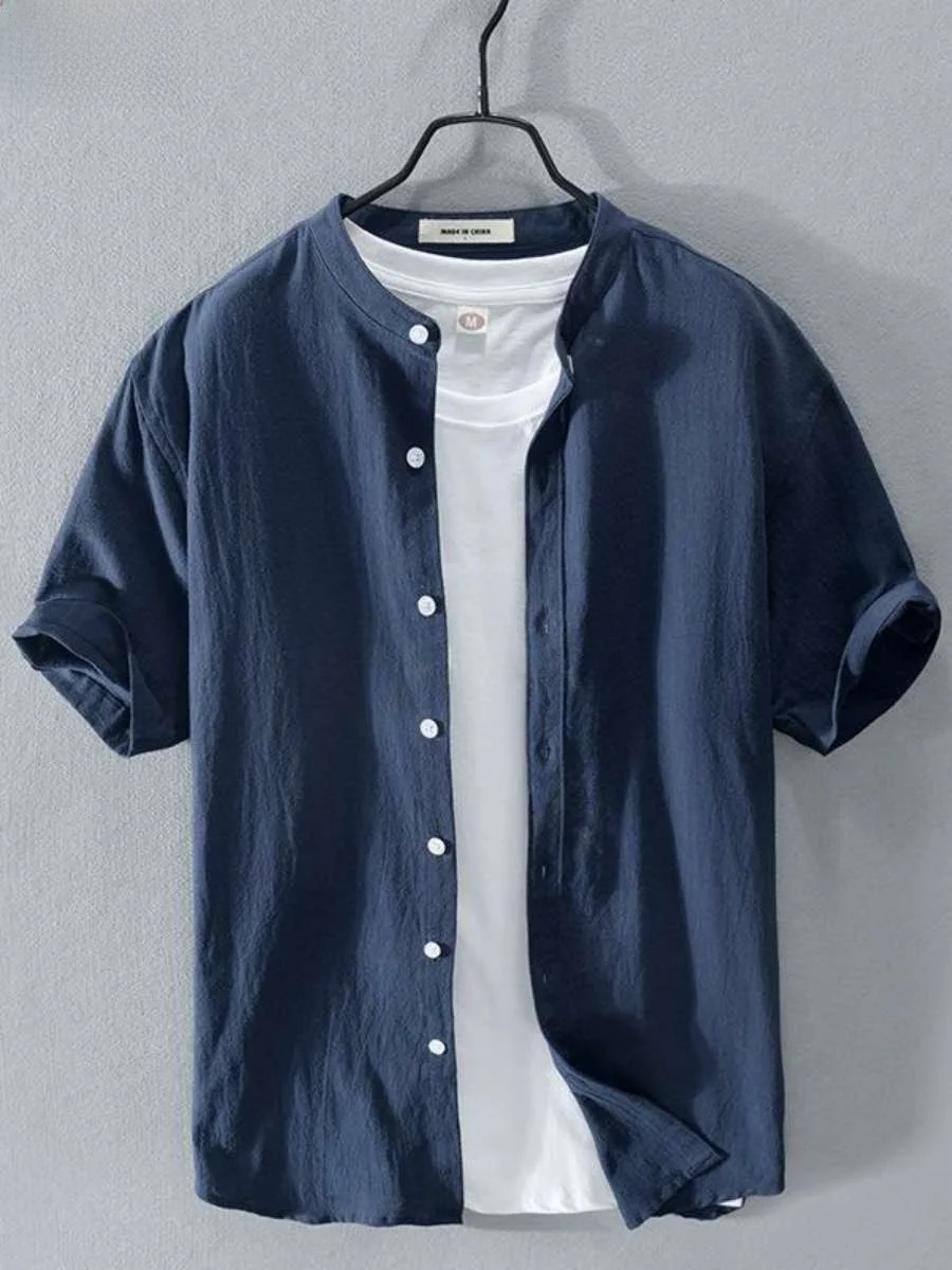

New Men's Linen Cotton irt ort Sve Casual Thin Loose Summer irt Stand Collar Casual Loose Fit Linen Material