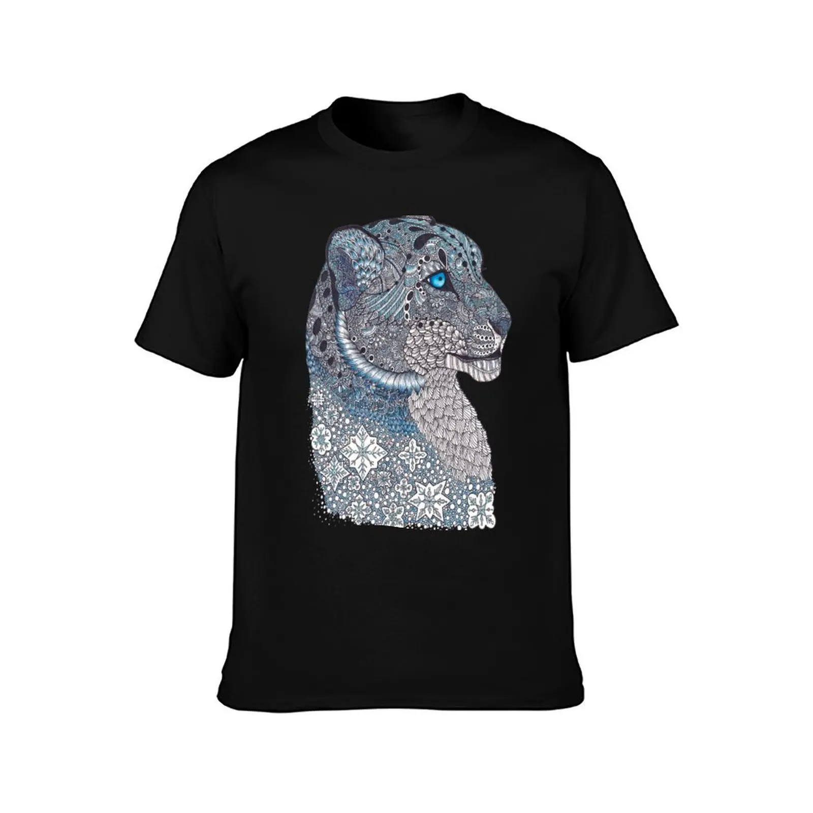 Blue Zentangle Snow Leopard and Snowflakes T-Shirt Basic Short Sleeve for Men T-Shirt