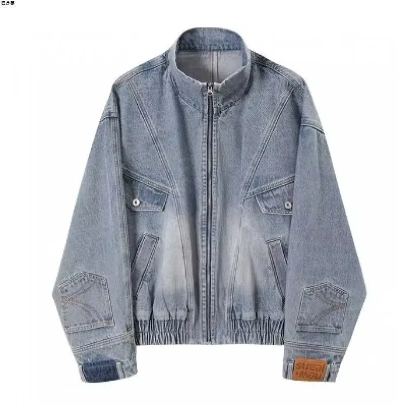 

Men Denim Coats Blue Washed Split Stand Collar Zippers Jacket 2025 Spring and Autumn New Loose Casual Jacket Top Men's Clothing
