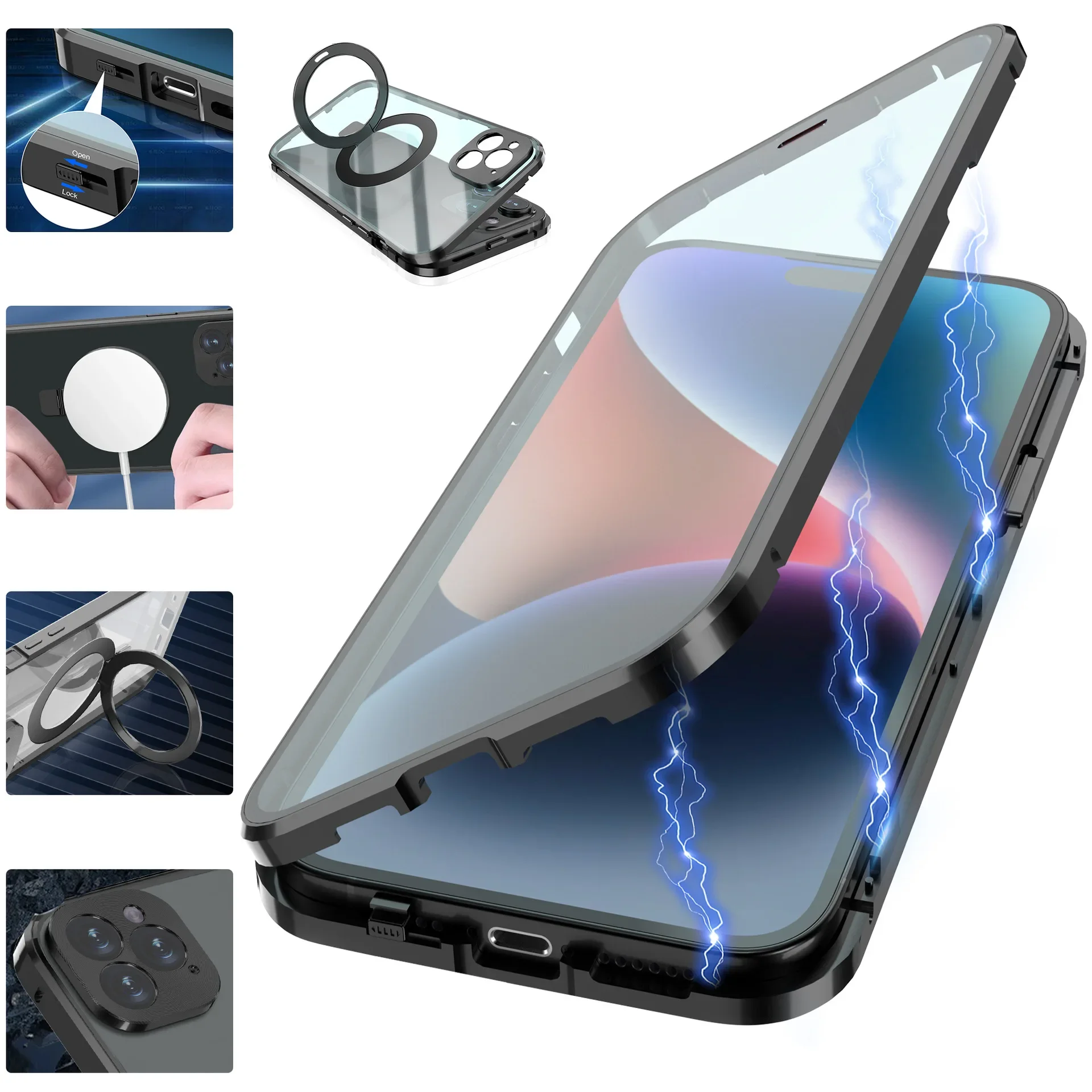 

360 Full screen camera protection Metal Swivel stand Car stand Charging Magsafe case for iphone 15 14 13 12 Pro Max