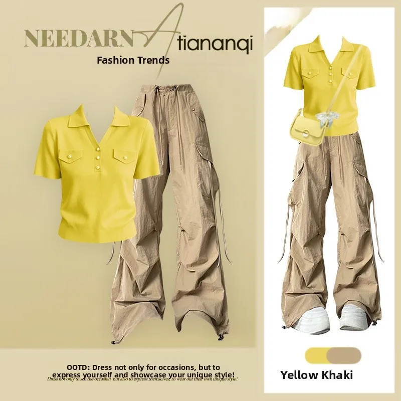Fashionable Summer 2026 Short Sleeve T-Shirt Set Wide Leg Workwear Pants Two Piece Set Age Reducing Loose Fit Versatile Top