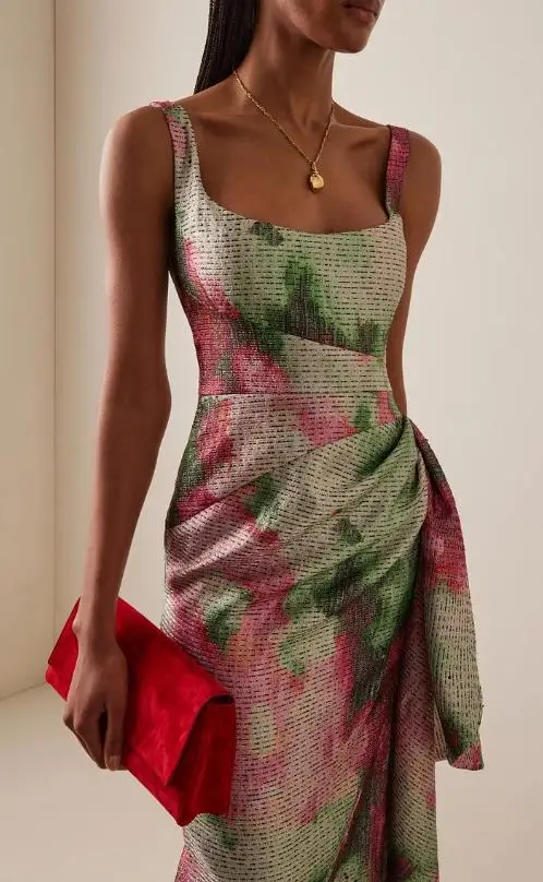 

Womens Dresses 2025 Spring Summer New Fashion Print Ruffles Decor Square Neck Sleeveless Ruched Casual Slim Fit Daily Long Dress