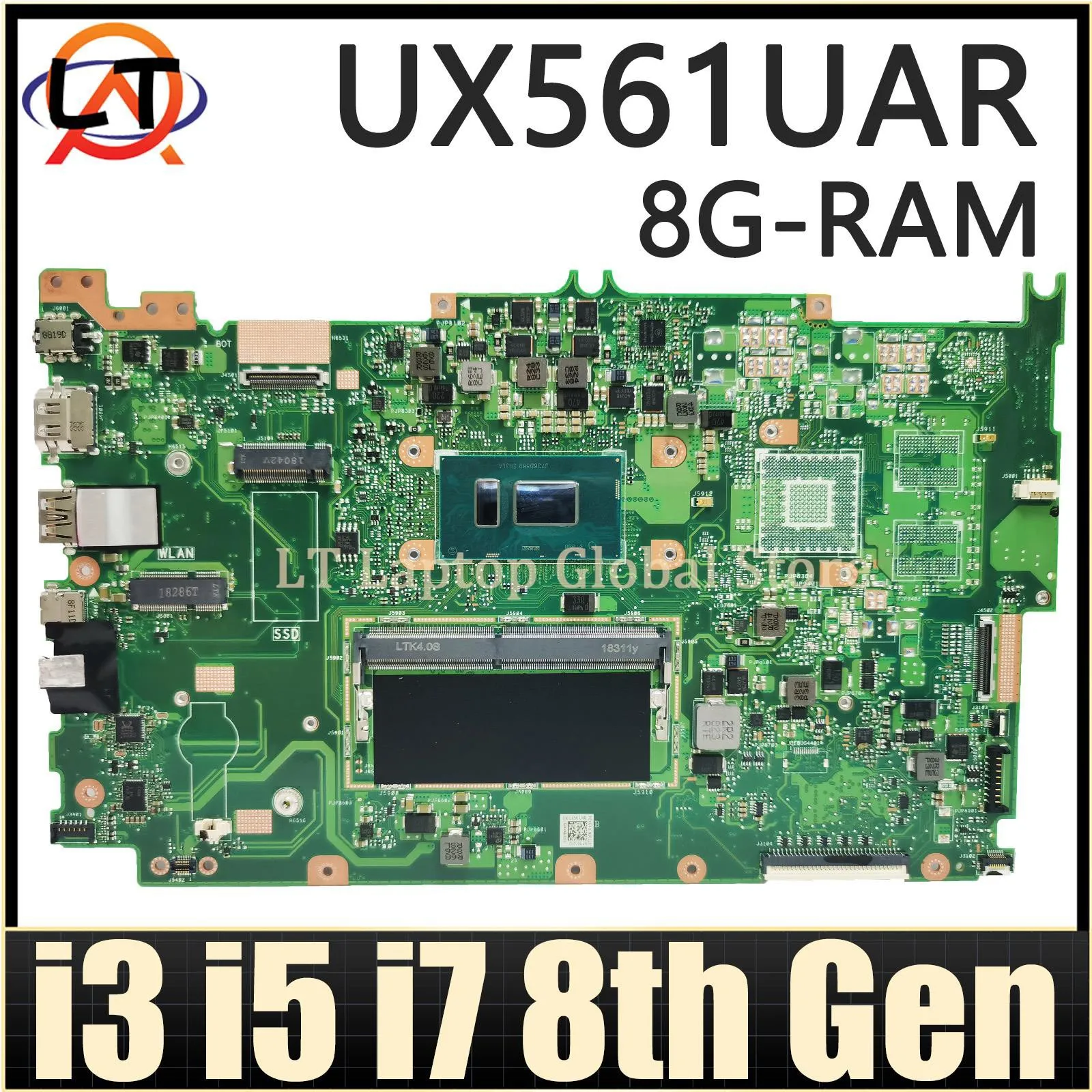 Mainboard For ASUS UX561UA UX561UNR UX561UAR Q525UAR UX561U X561U Q525UA Laotop Motherboard I3 I5 I7 8th Gen CPU 8G-RAM