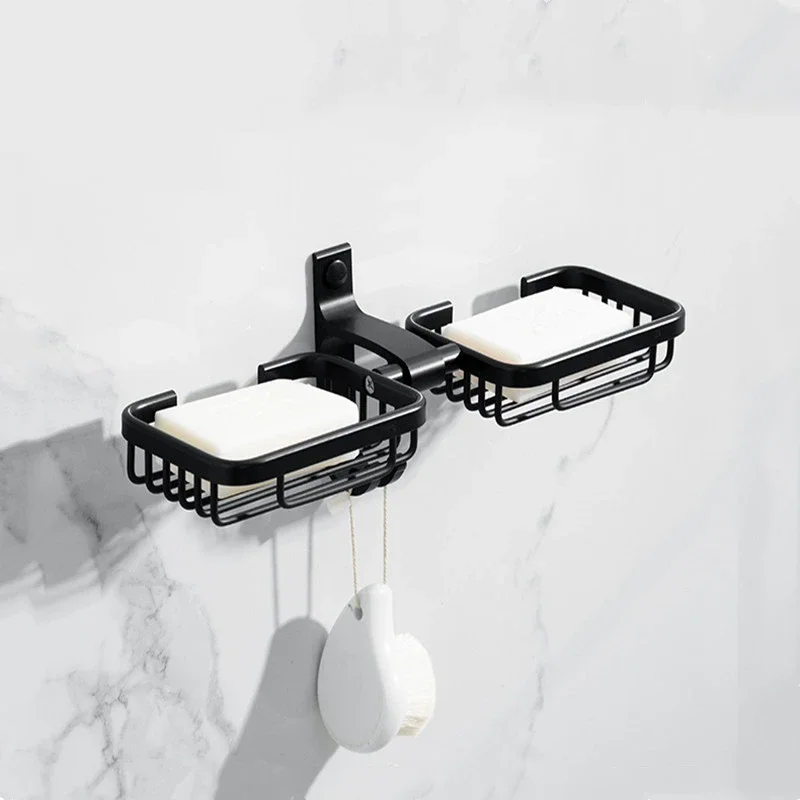 

Black/Silver Aluminum Dual Soap Dish Soap Holder Shower Wall Mount Storage Box with Hooks Bathroom Accessory