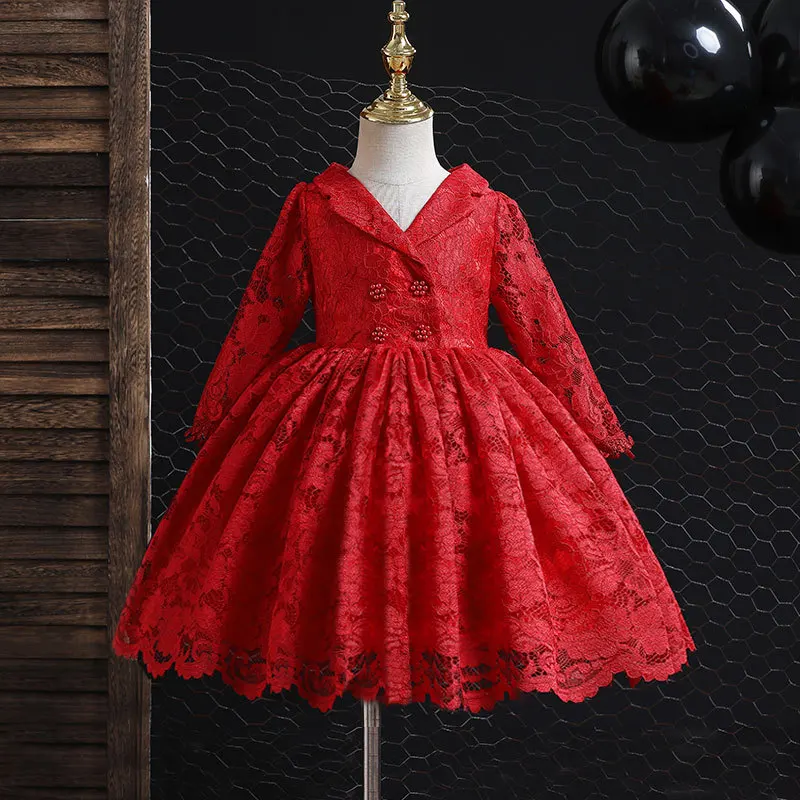 

Элегантное кружевное платье принцессы с длинными рукавами и цветочным узором для девочек, детское платье для дня рождения, свадьбы, первого причастия, Рождества, Нового года