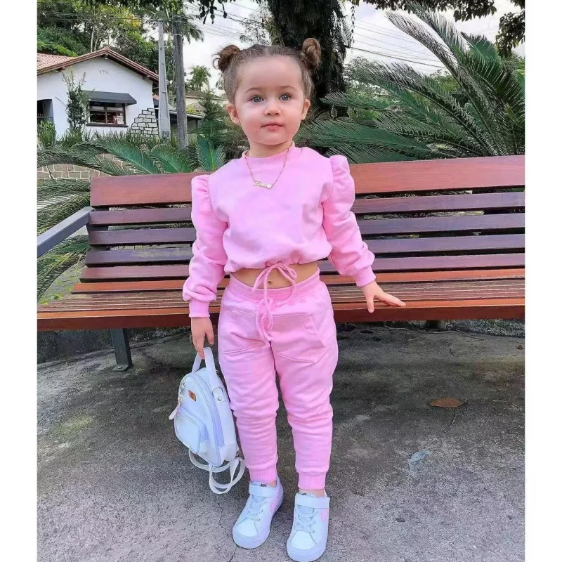 

Children's Kids Girls Fall Clothing Outfits Solid Color Long Sleeve Crop Tops+Sport Pants Trousers Fashion Clothes Sets 1-7Y