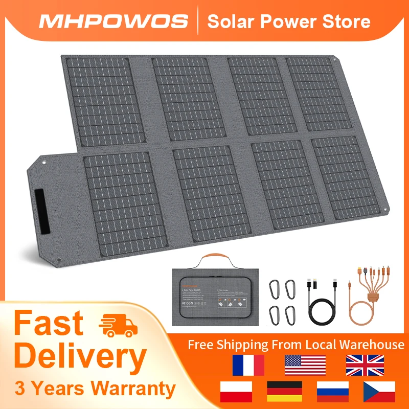 MHPOWOS 80W لوحة شمسية قابلة للطي مزود طاقة محمول مع 4 منافذ (DC/USB-C/2xUSB-A) وموصل 7 في 1 للنسخ الاحتياطي في حالات الطوارئ