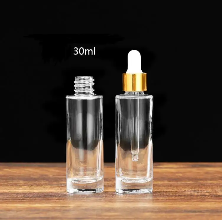 30ml Clear Glass Eye Dropper Bottles 1oz Thick Wall Flat Shoulder Essential Oil Perfume Bottle with golden top cap SN1759