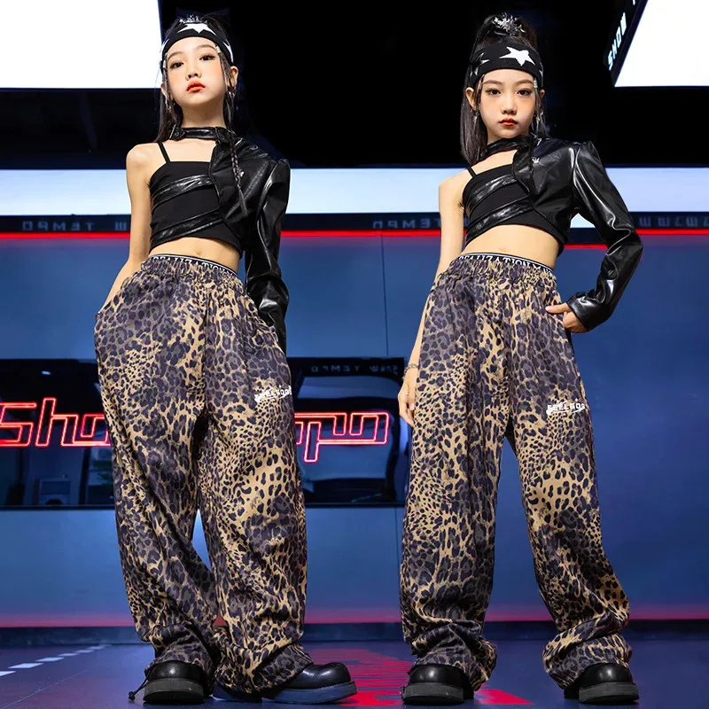 

COSda@Girls Hip Hop Clothing Black Leather Tops Streetwear Leopard Print Pants for Kids Dance Costume ClothesCOSda@