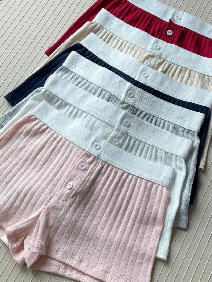 Eyelet Buttons Short Pants Women Simple Basic Slim Cotton Casual Patchwork Home Underwear Sweet Vintage Cute Chic Sweatshort