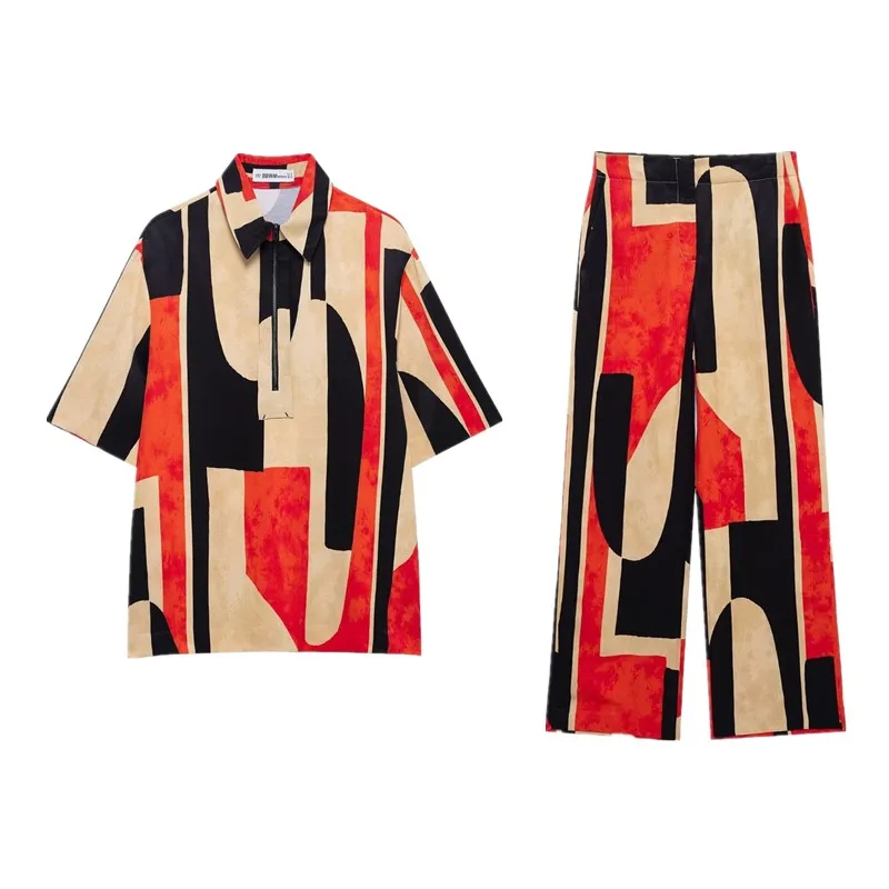 Spring 2025 New Faion Women's Printed ort Sve Turn-down Collar irt High Waist Pants Set High Waist Long Pants