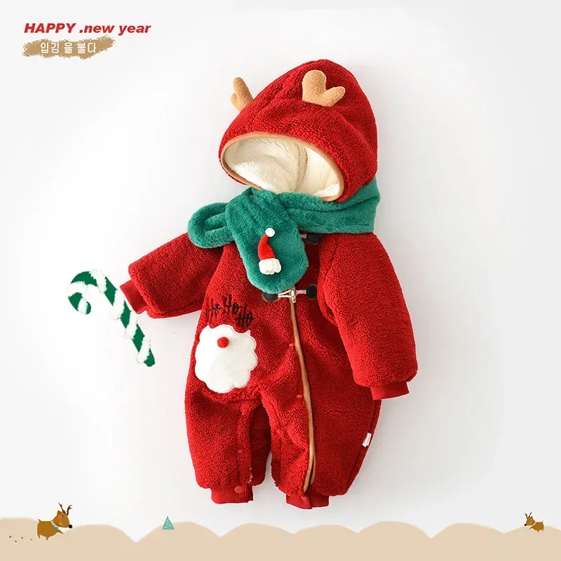 2023 Christmas Baby Romper Scarf Set Cartoon Deer One-Piece Kids Clothes Thick Winter Girls Jumpsuit Korean Toddler Boys Onesie