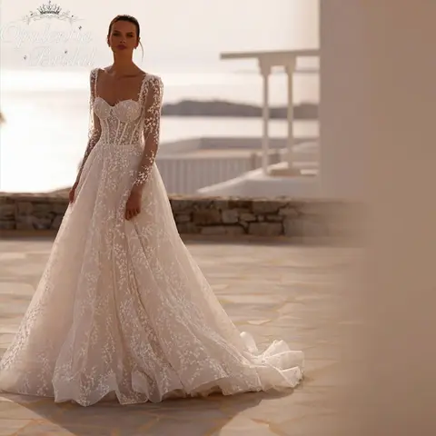 Opulentia Customized Sweetheart Wedding Dress Lace Appliques Bridal Gown Long Sleeves Pearls A-line Tulle Long Dress For Bride