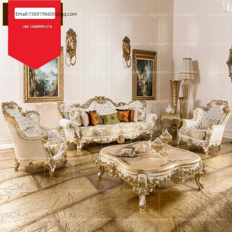 

European-style sofa solid wood carved fabric French large-sized combination gold foil sofa palace luxury