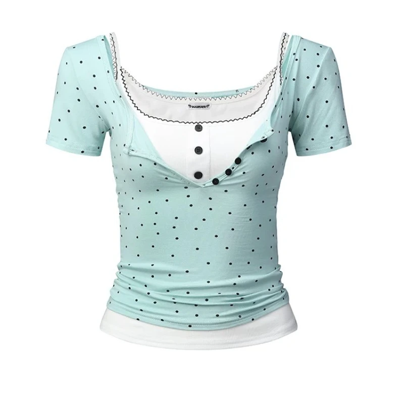 

Deeptown Korean Style Polka Dot T-shirts Women Sweet Sexy Elegant Two-piece Set Tees Kawaii Coquette Y2k Short Sleeve T-Shirts
