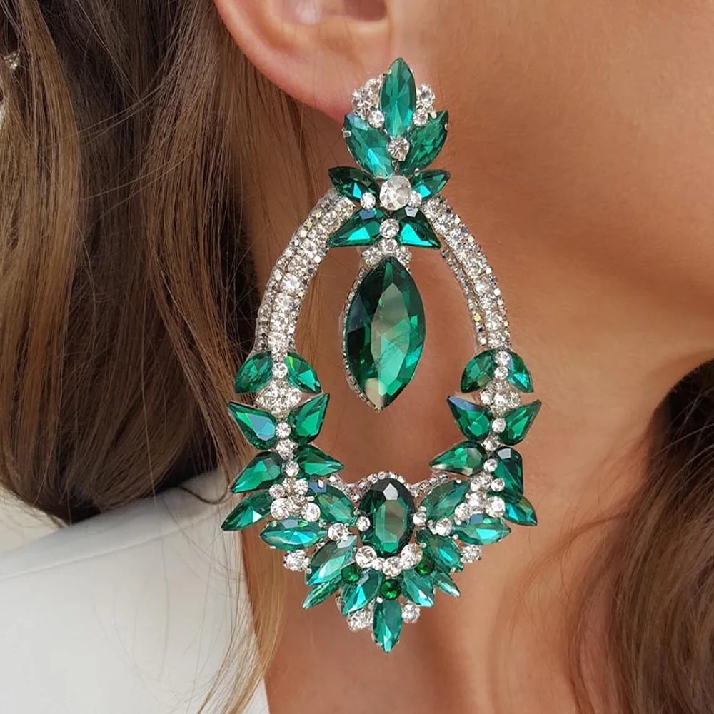 Stonefans Exaggerated Green Rhinestone Earrings for Women Drag Queen Accessories 2023 Oversize Crystal Dangle Earring Jewelry