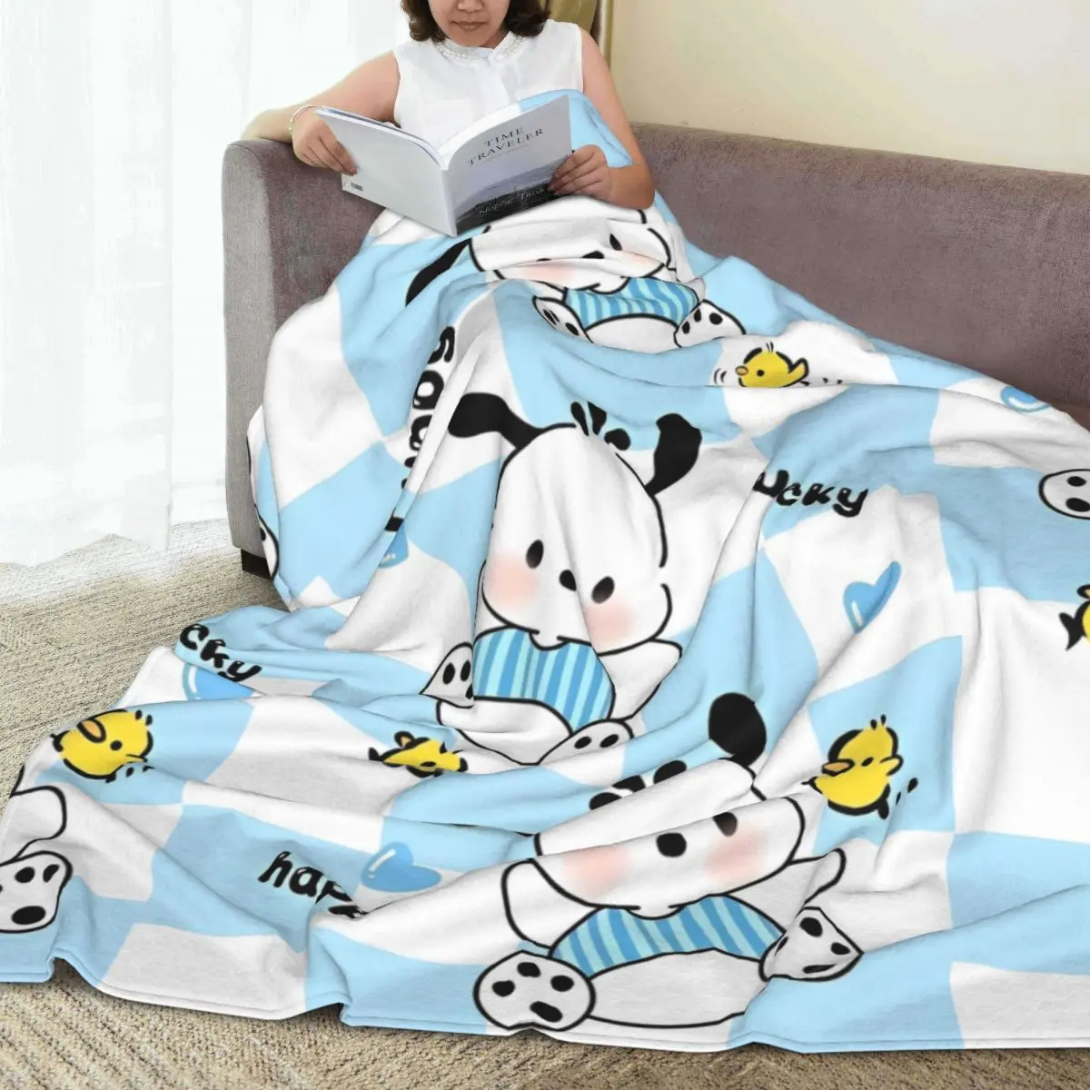 Pochacco Miniso Blue white grid Warm Soft Blanket Travel Office Plush Throw Blanket Living Room Flannel Bedspread Sofa Bed Cover