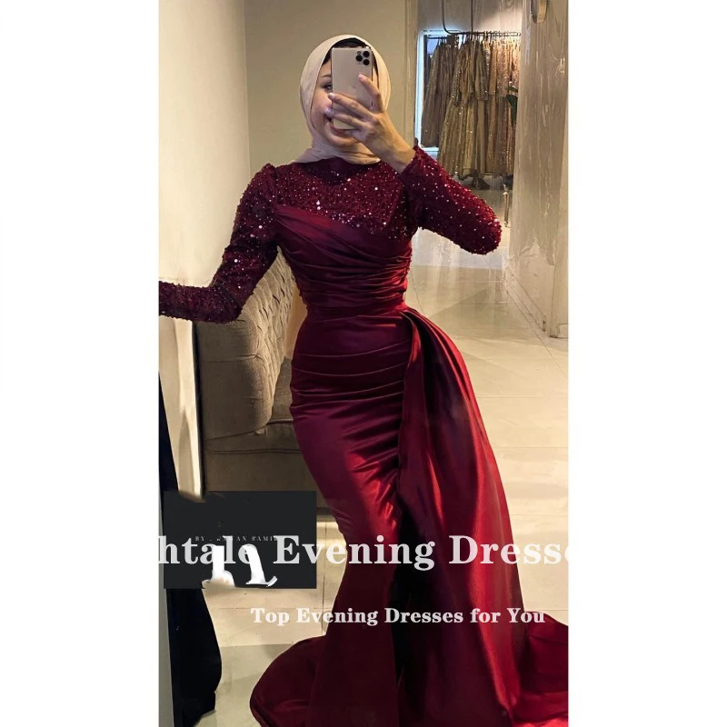 Eightale Arabic Evening Dresses Sparkly Long Sleeves Satin Burgundy Muslim Mermaid Prom Party Gowns karakou robe soirée