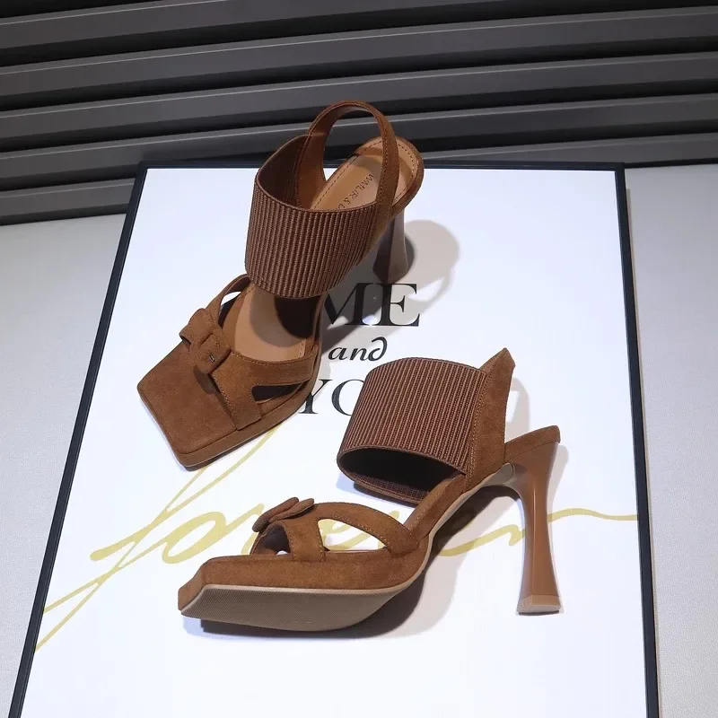

Elastic Band Босоножки Женские Velvet Heeled Sandals Belt Buckle Shoes For Woman Wear-Resistant Sandalias De Mujer Verano 2024
