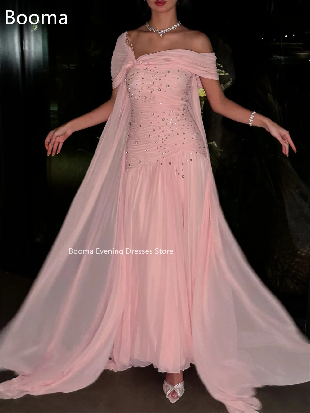Booma A-lijn Uit De Schouder Plooi Roze Kristal Avondjurken Lange Formele Jurken voor Vrouwen Elegante Prom Jassen Op maat gemaakt