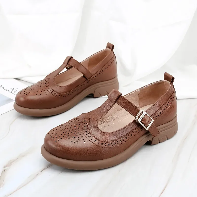 Brown Plus Size Platform Shoes for Women Round Toe Shoes Pumps Slip-on Tabi Leather Loafers Womens Lolita Mary Jane Women\'s Boat