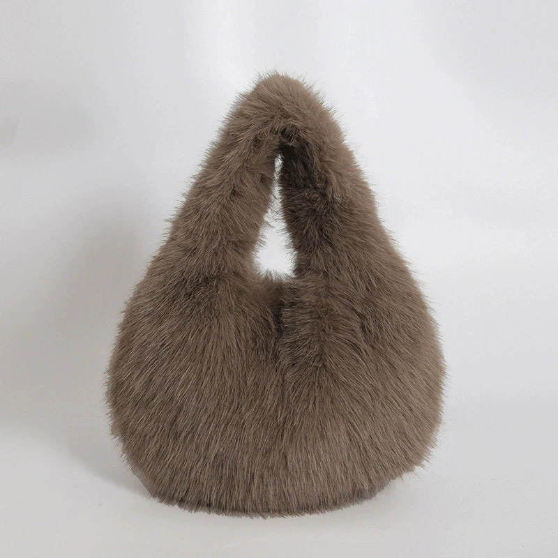 Small Hobo Handle Bags for Women Shoulder Bags Designer Furry Purse and Handbags Fashionable Cute Female Plush Bag