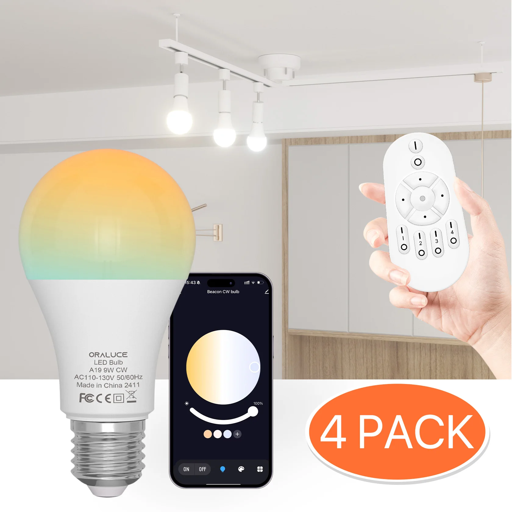 

4PCS LED Remote Control Light Bulbs Dimmable 2700-6500K Lightbulbs E26 Base A19 Bluetooth Smart Light Bulb with Remote Control