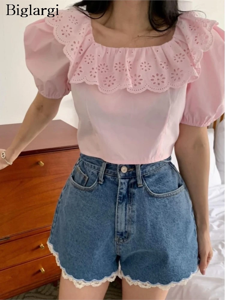 

Denim Summer Mini Shorts Women High Waist Fashion Lace Patchwork Sweet Ladies Trousers Korean Style Loose Pleated Woman Shorts