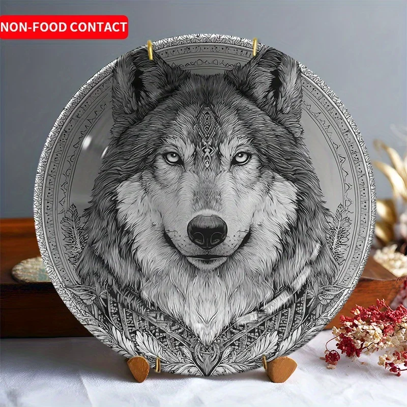 1pc Nordic Wolf Head Ceramic Decorative Plate - Round Wall Hanging Art Piece, Non-Food Contact, Ideal for Jewelry Tray, Home,