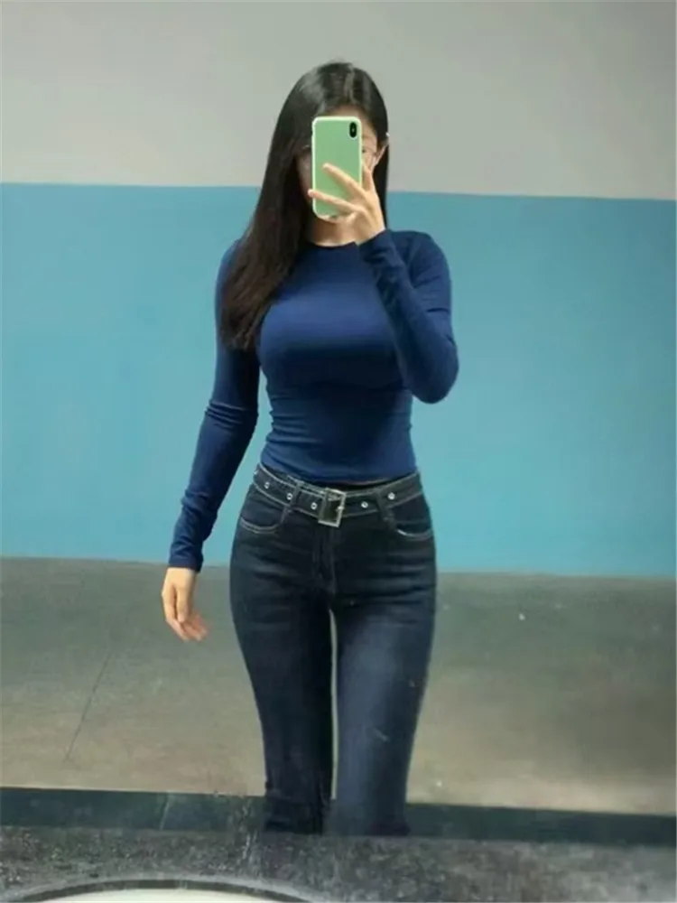 

Retro Deep Blue Low Waist Flared Denim Jeans Women's Slimming Tight Long Floor-Length Pants Sexy Girls Stretchy Spring Wash