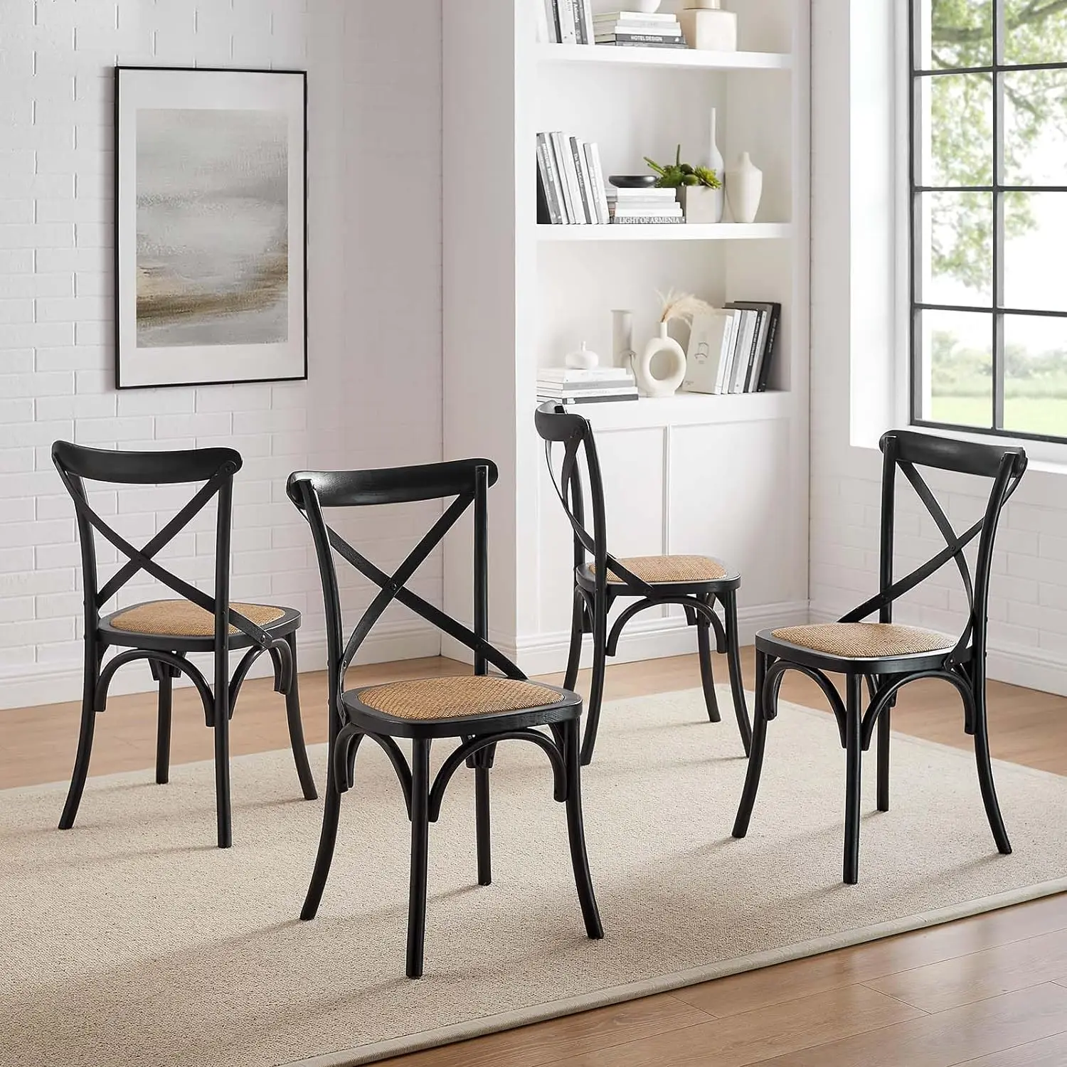 Gear Rustic Modern Farmhouse Elm Wood Rattan Four Dining Chairs in Black