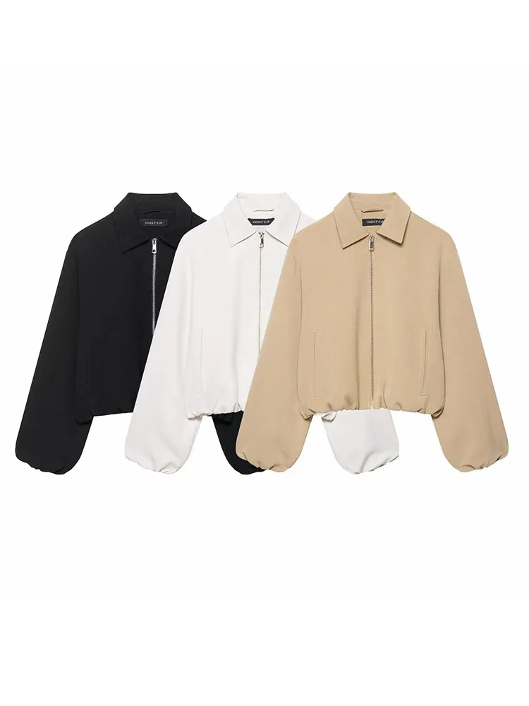 

Women's Solid Zipper Lapel Short Jacket Women Long Sleeve Pockets Elastic Cuff Jackets 2025 Autumn Lady Chic Street Outwear