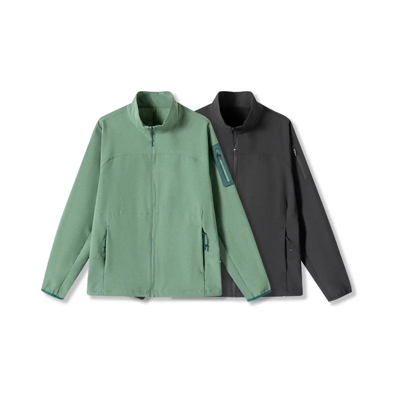 Thin Velvet Checkerboard Men Stand Collar Soft Shell Jacket, Soft Casual Outer Coat For Daily Wear And Outdoor Activities