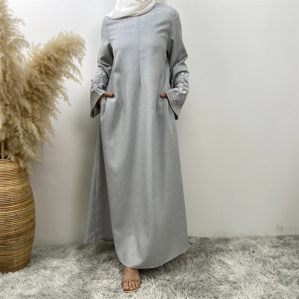 Abaya-Robe longue en lin à manches brodées pour femmes musulmanes, kimono de Dubaï et de Turquie, vêtements du Ramadan Islam, robe caftan de luxe