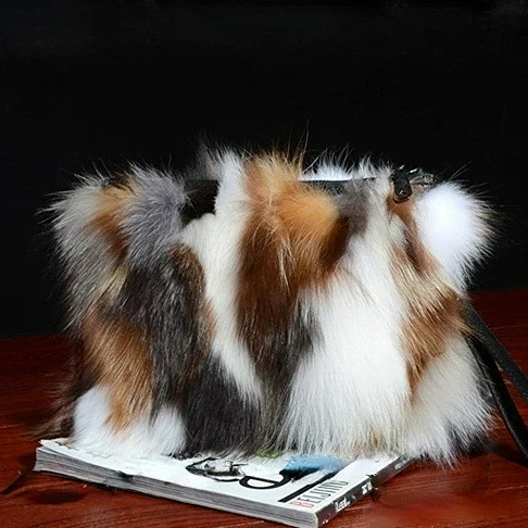 Genuine Natural Fox Fur Women Clutch Bag Purses Luxury Evening Party Bag Winter Chain Shoulder Bag