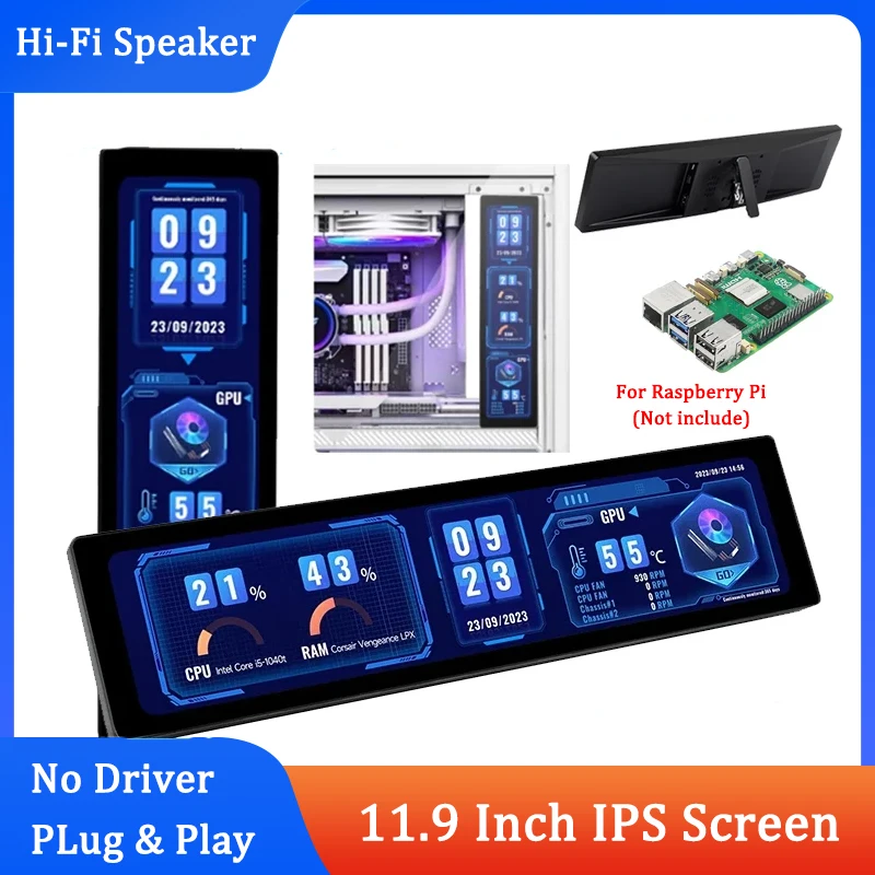 

11.9 Inch IPS Screen HD Display 320*1480 Capacitor LCD Hi-Fi Speaker Metal Case Strip Computer Auxiliary Screen for Raspberry Pi