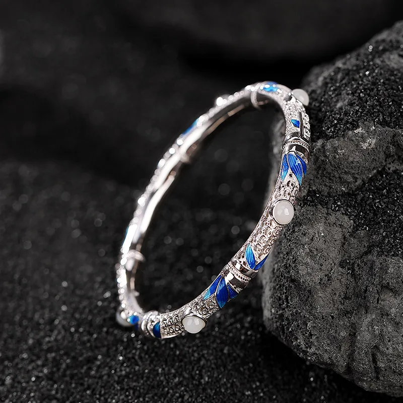 Sterling Silver Bracelets for Women New Women's Fashion Hollow Blue Bamboo Leaf Pattern Jade Bangle Pure Argentum Jewelry