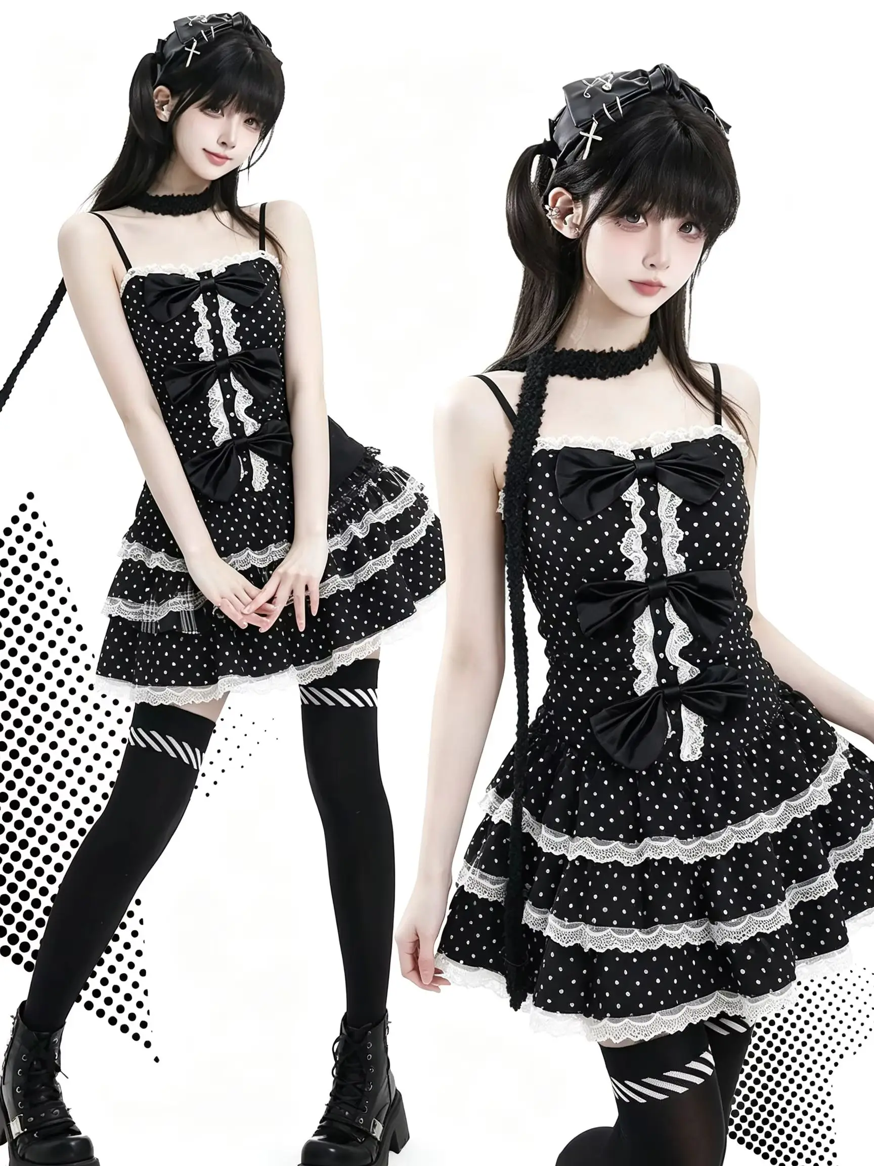 Damen Y2K Sweet Lolita Minikleid Schwarz Gepunktet mit Schleifenriemen Weißer Spitzenbesatz Mehrlagiger Rüschensaum Kawaii Japanisches Süßes Partykleid