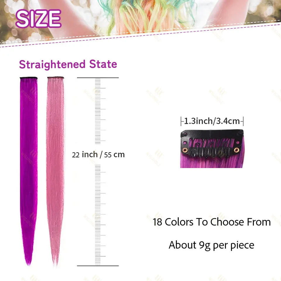 Extensiones de cabello con clip de 22 pulgadas, de colores, para fiestas, mechas, largas y rectas, sintéticas, para mujeres, niñas y niños 2
