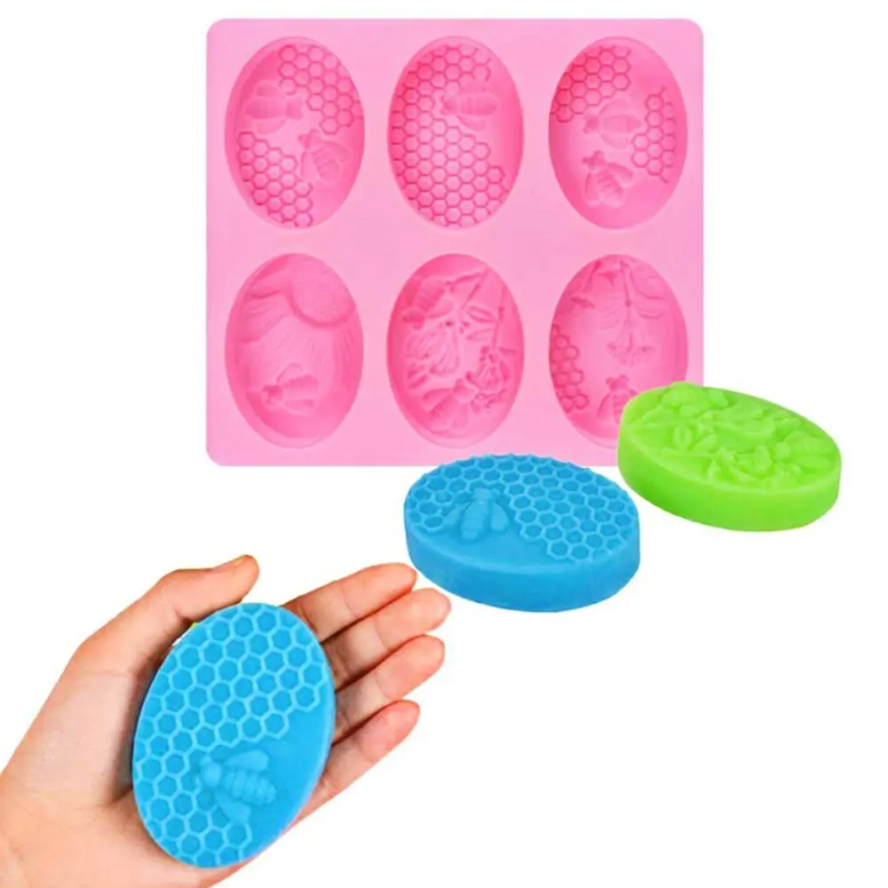 Molde de silicona para jabón 3D, 6 cavidades, abeja ovalada, panal, bricolaje, miel, Fondant, pastel, herramienta, vela hecha a mano, molde para hornear