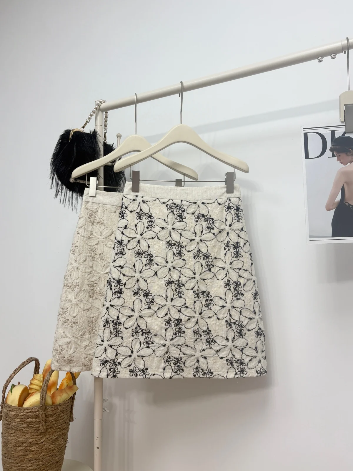 Women's Summer Autumn Elegant Floral A Line Knee Length Skirt Lady High Waist Embroidered Flowers Mid Length Skirt