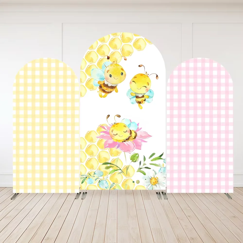 

Mehofond Honey Bee Arch Cover Backdrop for Girl Baby Shower Decor Chiara Wall Yellow Pink Checker Birthday Background Photobooth