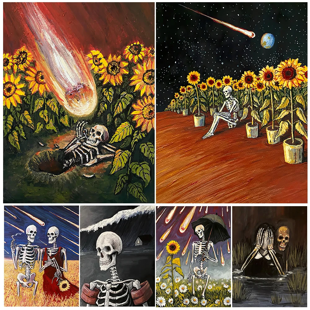 Sunflower Field And Lonely Skeleton Vintage Wall Art Canvas Painting Sweet Skeleton Lover Art Poster And Print Home Decoration