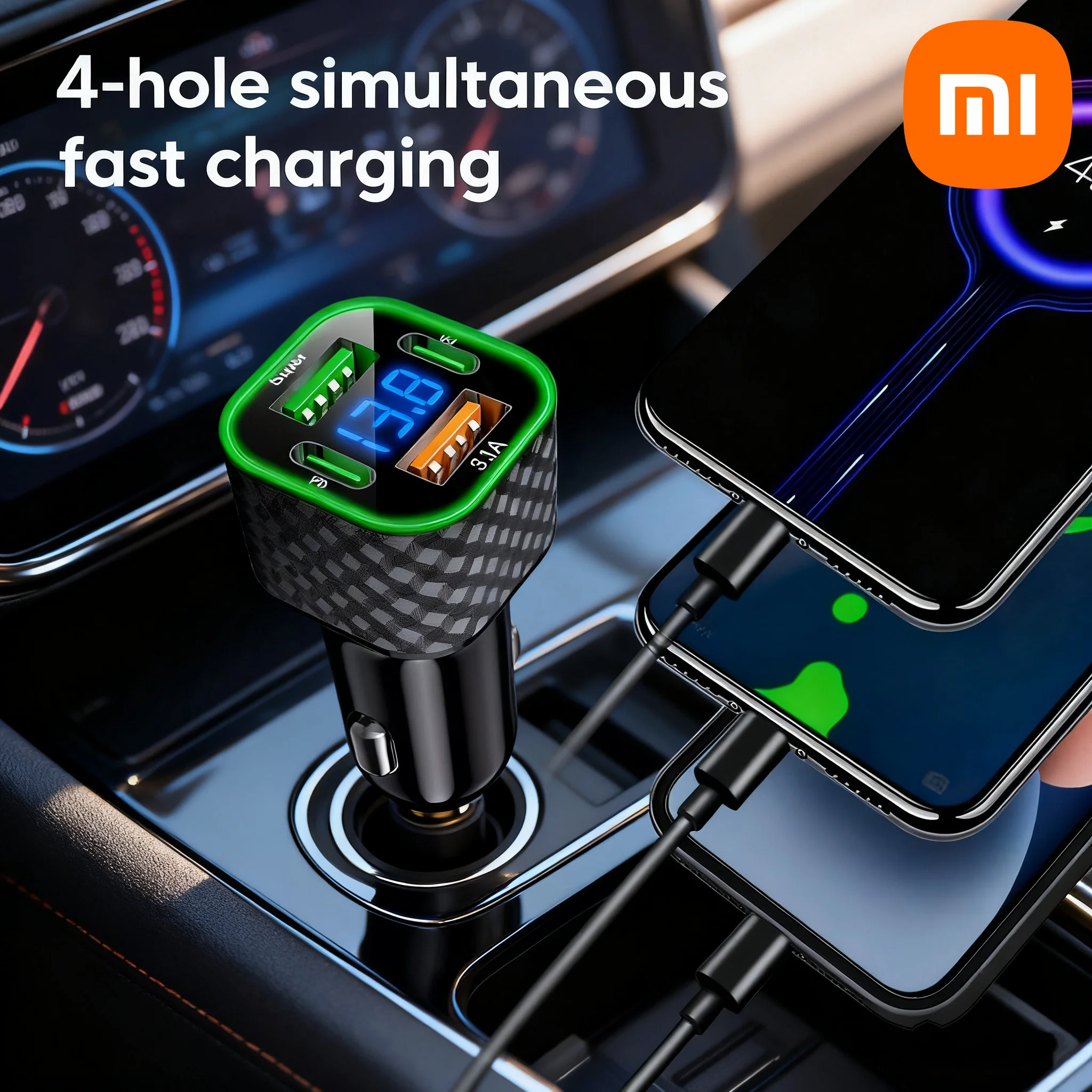 شاحن هاتف السيارة Xiaomi 380W Dual PD 4 in 1 USB C مع شاشة عرض الجهد ومحول شحن سريع للغاية لهاتف iPhone Oppo Vivo Samsung